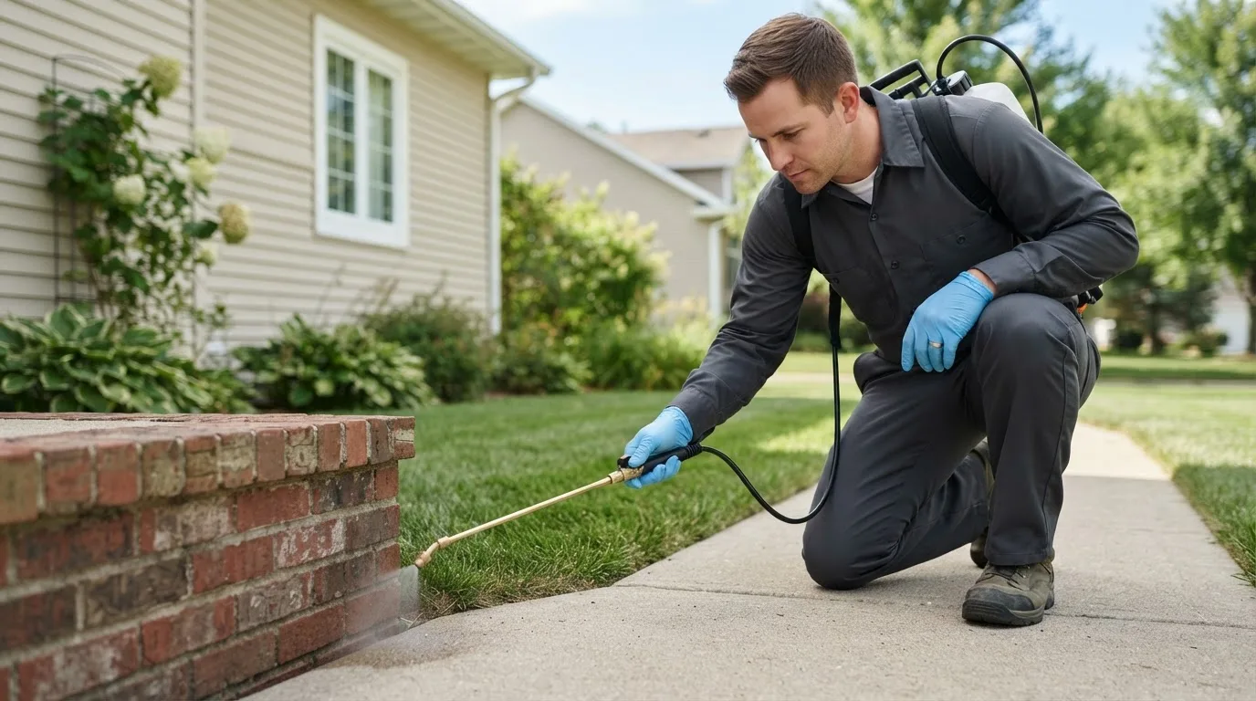 Pest control technician treating a home near Saxis, VA